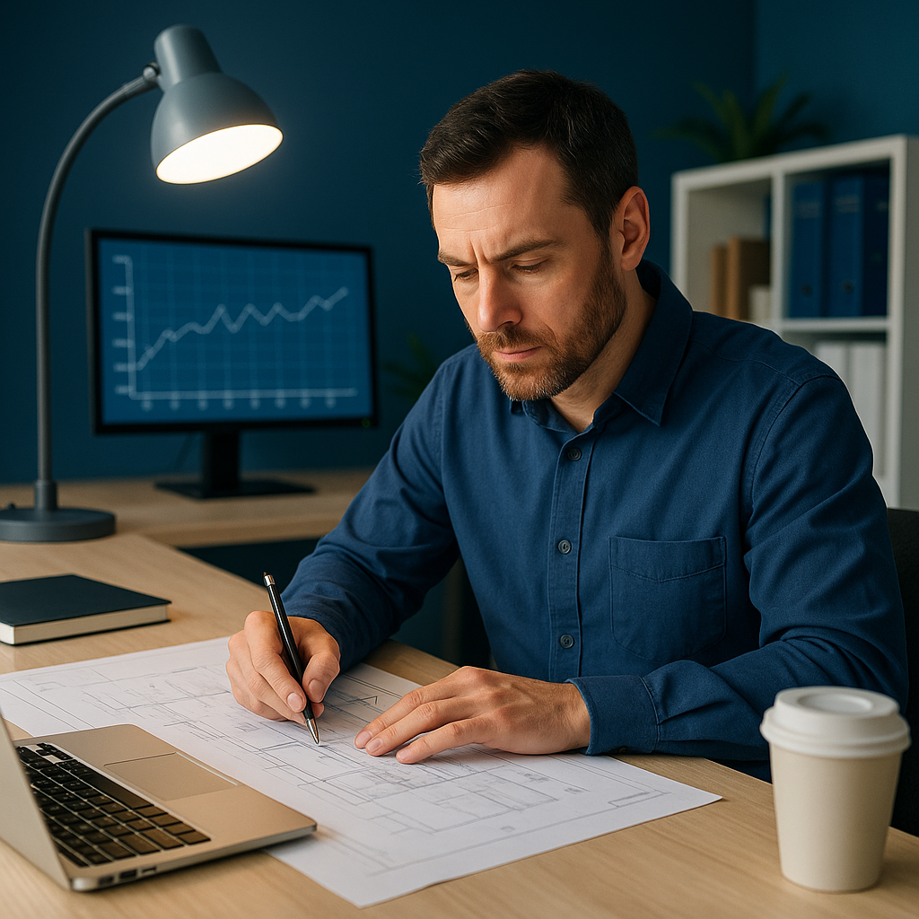 Office worker at a desk in a modern workplace environment.